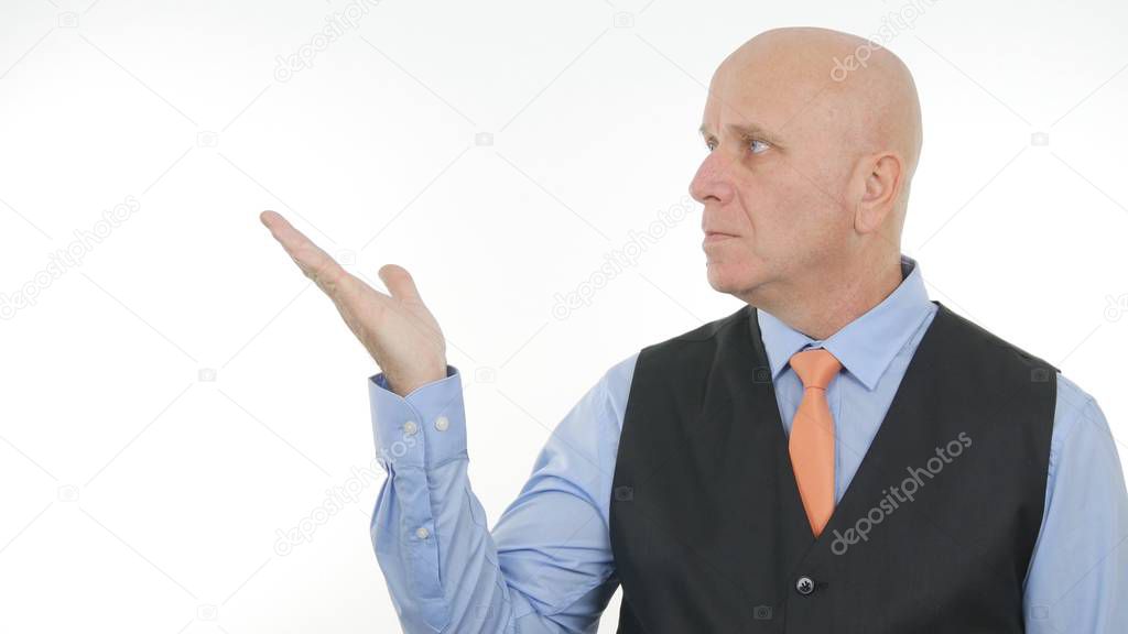 Businessman Company Image Presenting a Imaginary Thing with a Hand Gestures