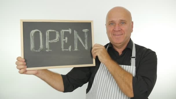 Slow Motion Restaurant Employee Showing Blackboard Open Word Written — Stock Video