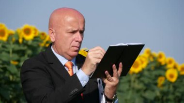 İşadamı incelemek ayçiçeği alan almak iş notları Pano ve gündem