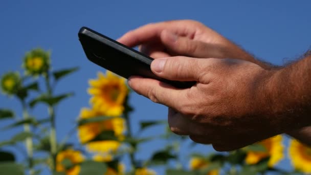 Zamknij Widok Rąk Człowieka Pomocą Ekranu Dotykowego Telefonu Komórkowego — Wideo stockowe