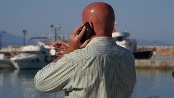 Businessman Talking Mobile Gesturing Harbor Boats Background — Stock Video