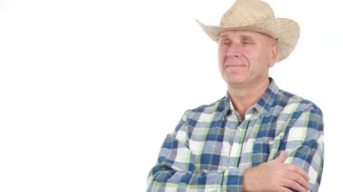 Mutlu çiftçi memnun gülümseyen adlı bir çiftlik iş sunuda emin