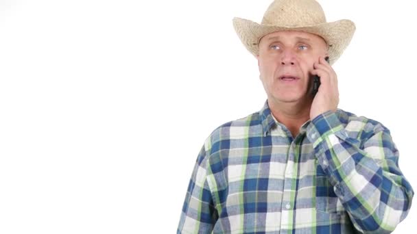 Confident Farmer Talking Business Cellphone Gesturing Serious — Stock Video