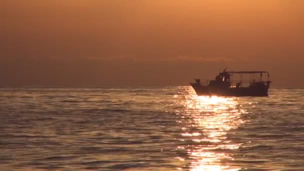 Halász Hajóját Tenger Sunset Használata Halászháló Halak — Stock videók