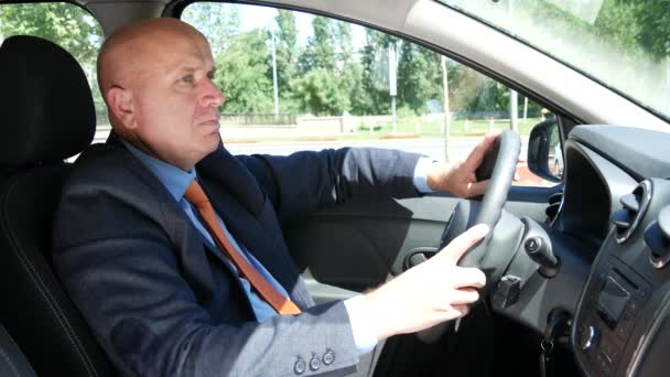 Businessman Driver Make Nervous Gestures Fingers Steering Wheel — Stock Video