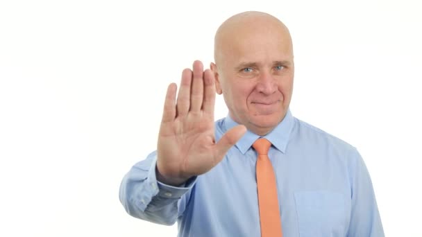 Confident Business People Smiling Make Stop Hand Gesture Please Stay — Stock Video