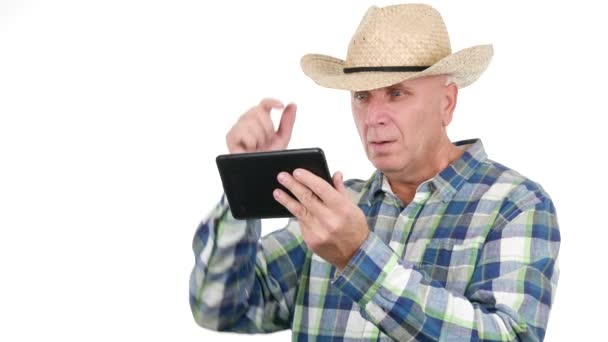 Farmer Using Modern Technology Read Tablet Email Bad News Nervous — Stock Video