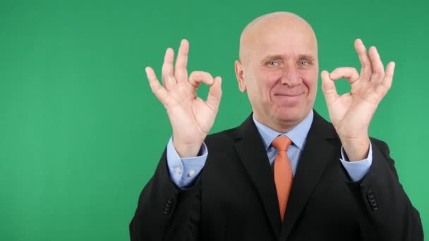 Vorzeigbare Geschäftsmann Image Mit Doppelten Handzeichen Gute Nachrichten Gesten — Stockvideo