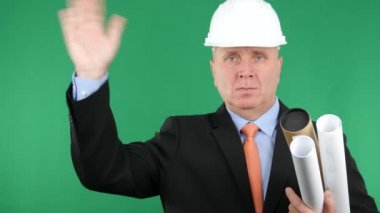 Hoş geldiniz selam el hareketi işadamı mühendis bina planları yapmak.