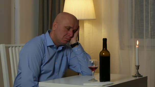 Drunk Businessman Sitting Table Restaurant Drinking Wine Fall Asleep — Stock Video