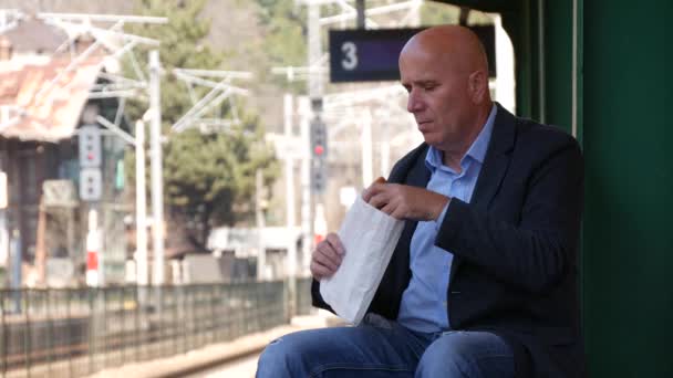 Starved Tourist Bench Sitting Waiting Train Station Platform Eat Snack — Stock Video