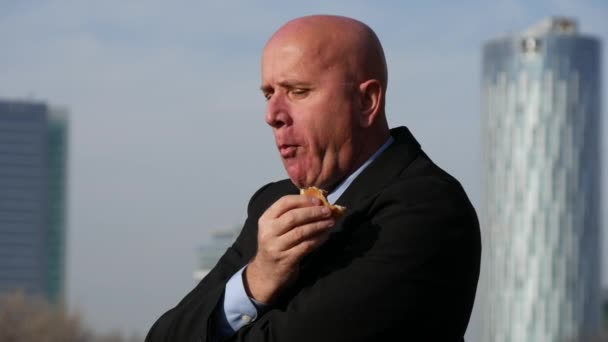 Starved Businessman Eating Tasty Sandwich Company Office Building — Stock Video