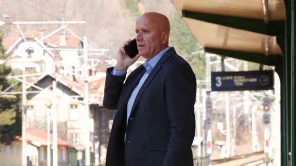 Geschäftsmann Gestikuliert Bahnhof Wartet Auf Bahnsteig Und Spricht Mit Handy — Stockvideo