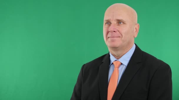 Selbstbewusster Geschäftsmann lächelt glücklich Firmenpräsentation mit grünem Hintergrund — Stockvideo