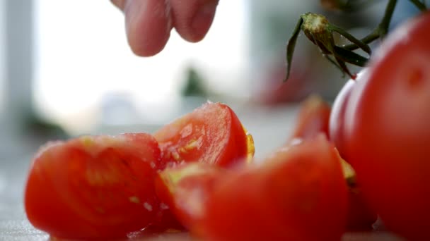 Stänga bilden med mannen fingrar sätta Salt på röda tomater skivor — Stockvideo