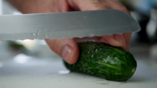 Человек с близкого зрения руки вырезать ножом свежий зеленый огурец — стоковое видео