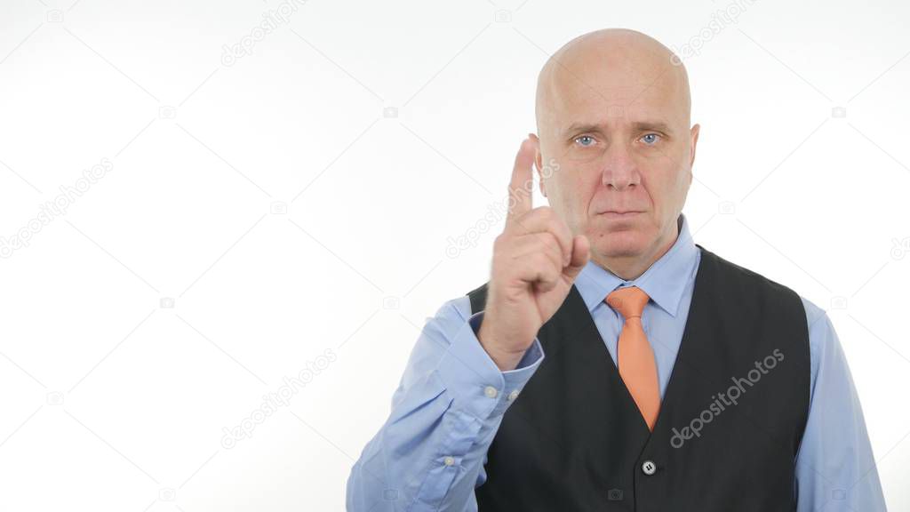 Angry Businessman  Warning With a Hand Gestures With One Finger Up