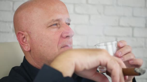 Изображение бизнесмена, пьющего виски и курящего сигару — стоковое видео