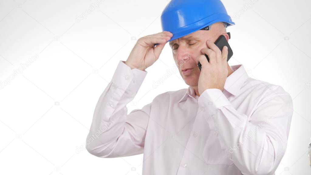 Businessman Wearing Engineer Helmet Communicate Using Cellphone
