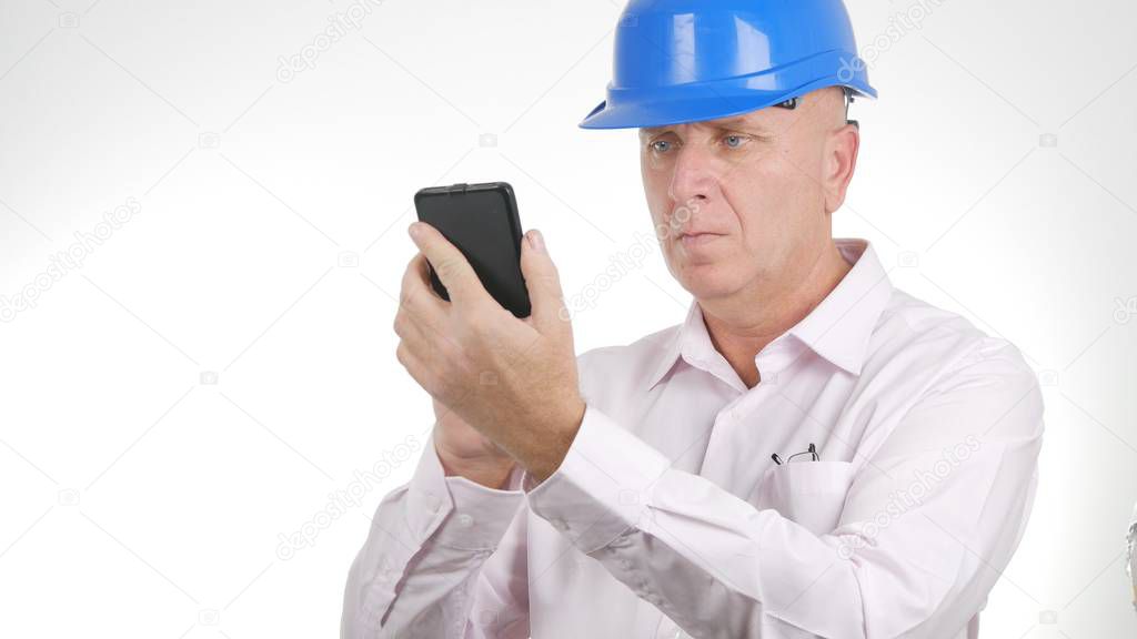 Businessman Wearing Engineer Helmet Communicate Using Cellphone