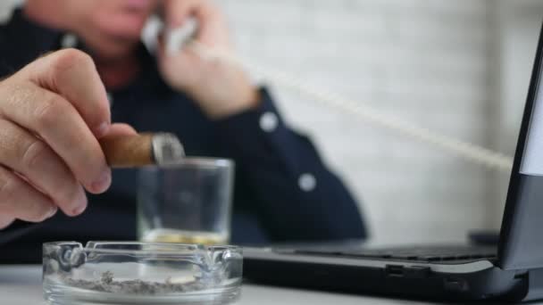 Бізнесмен розмитий образ куріння сигари і розмовного бізнесу на телефонній лінії — стокове відео