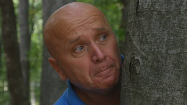 Испуганный человек прячется за деревом в лесу
