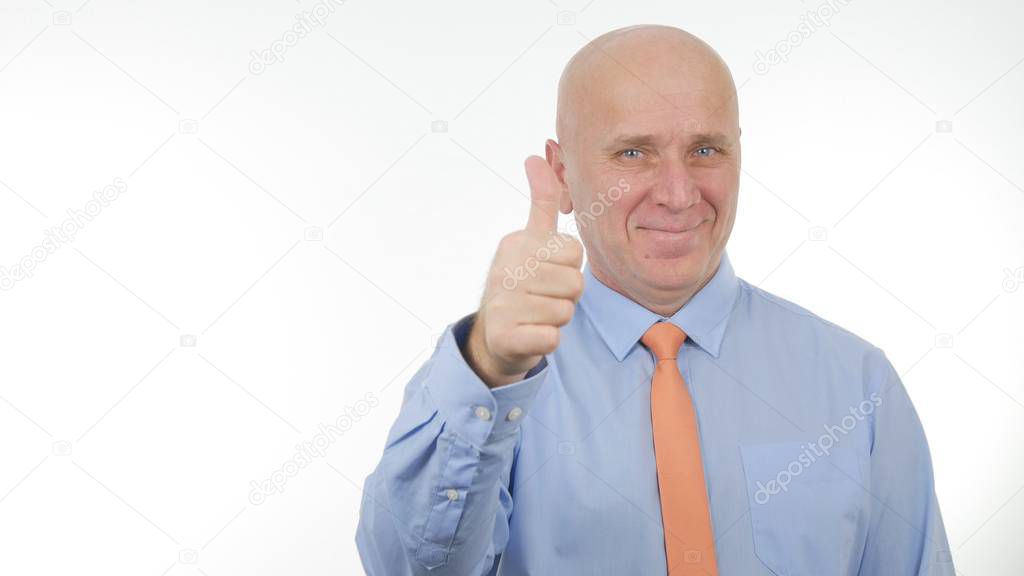 Happy Businessman Image Smile and Make Thumbs Up Hand Gestures