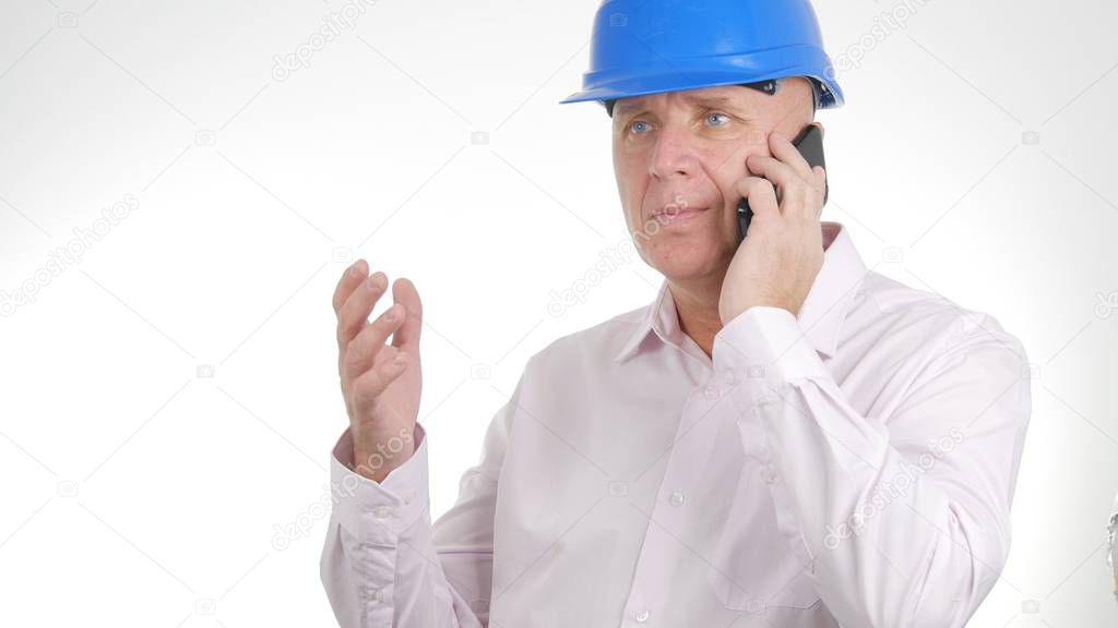 Confident Engineer Image Talking Business to Cellphone