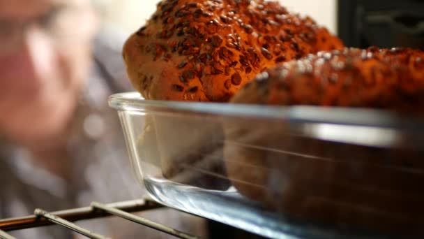 Man Blurred Image Make Ok Hand Sign in Front of Oven in Kitchen — Stock Video