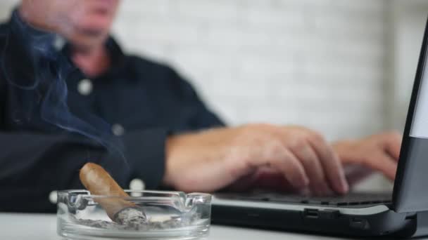Ondernemer Werken Met Laptop Een Sigaar Roken — Stockvideo
