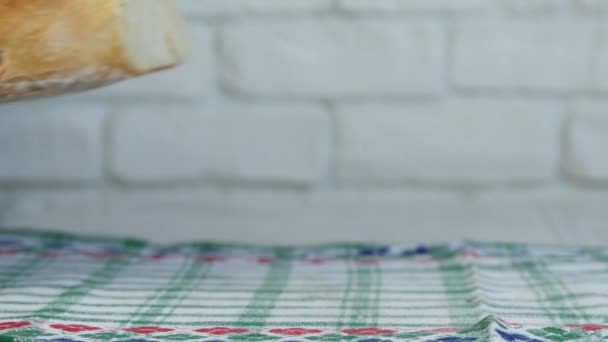 Man Hands Put Fresh Bread Knife Table — Stock Video