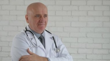 Yavaş hareket ile gülümseyen ve vücut dilini kullanarak olumsuzlama hareketleri yapma Doktor