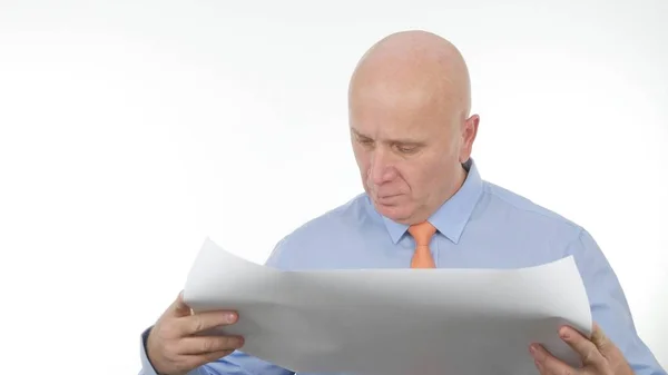 Empresario Abriendo Leyendo Proyecto Construcción —  Fotos de Stock