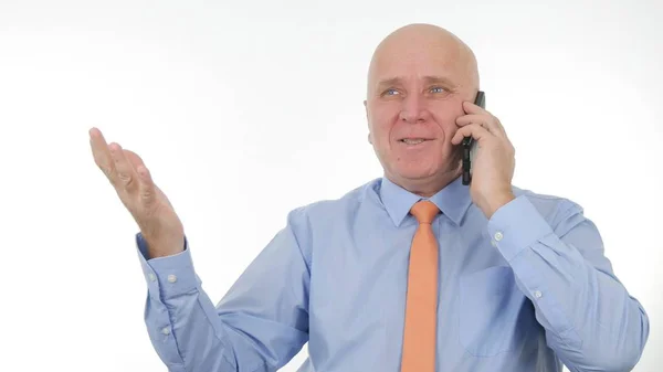 Happy Businessman Talking Mobile Make Enthusiastic Hand Gestures — Stock Photo, Image