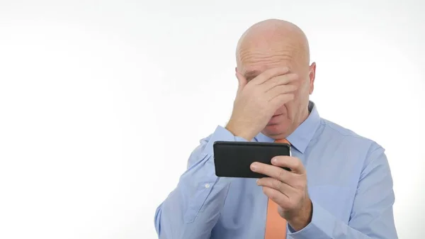 Disappointed Businessman Reading Cellphone Bad News Make Nervous Hand Gestures — Stock Photo, Image