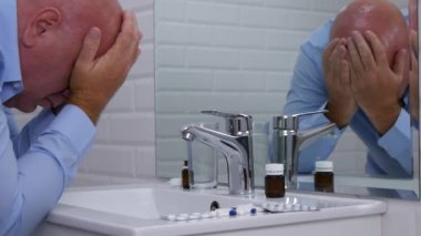 Adam banyo aynası önünde büyük bir baş ağrısı acı
