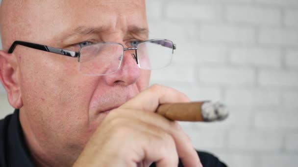 Retrato Del Hombre Negocios Fumando Cigarro Con Sabor Habitación Oficina — Vídeos de Stock