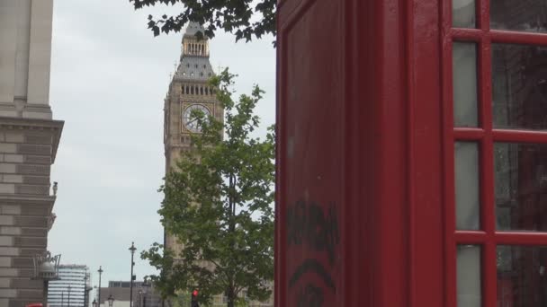 London City View Telephone Booth Big Ben Clock Background — Stock Video