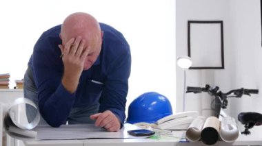 Teknik adam üzgün endişeli analiz ve bina projesi hayal kırıklığına