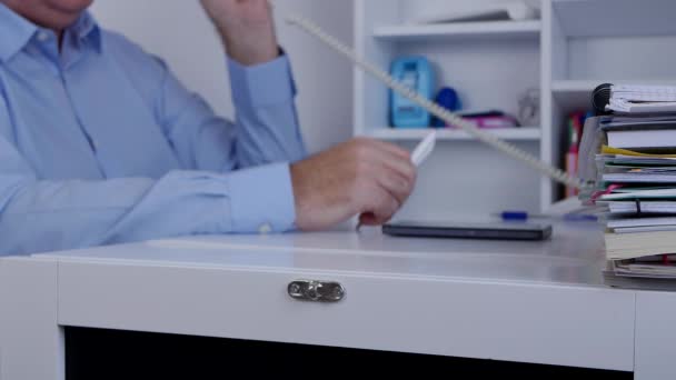 Impatiently Businessman Playing Restless Pencil Hand Desk Surface — Stock Video