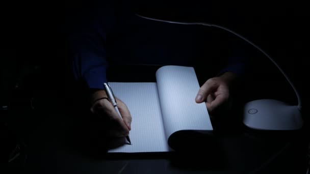 Geç Saatlere Kadar Karanlık Ofisinde Işadamı Muhasebe Kayıt Sayfalarında Notlar — Stok video