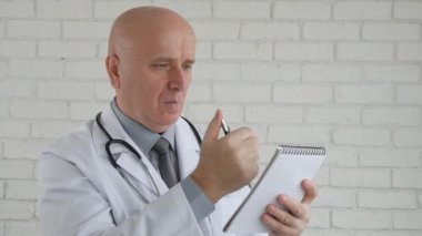 Yavaş hareket ile kendine güvenen bir doktor hastane dolapta bir tıbbi reçete yazma