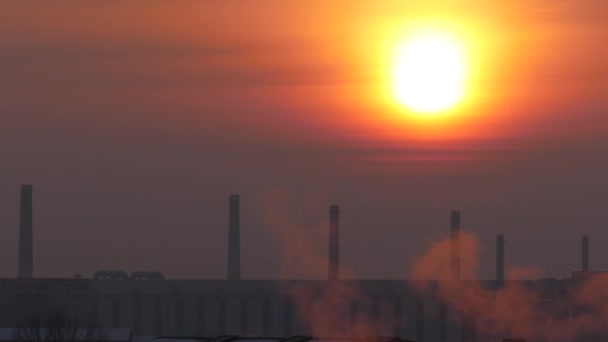 Zimny Poranek Wschód Czerwonego Białego Dymu Powietrzu Zimowy Dzień — Wideo stockowe