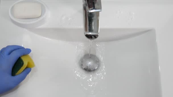 Man Gloves Hands Cleaning Porcelain Sink Using Spray Solution Sponge — Stock Video