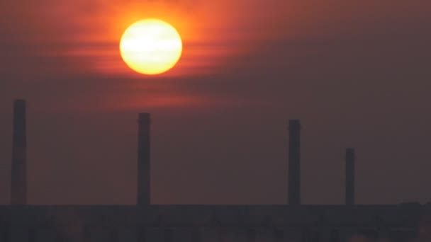 Kalter Morgen Mit Rotem Sonnenaufgang Und Weißem Rauch Der Luft — Stockvideo