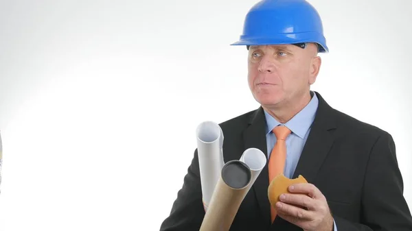 Businessman with Projects Wearing Suit and Helmet Eat Starved a Tasty Snack — Stock Photo, Image