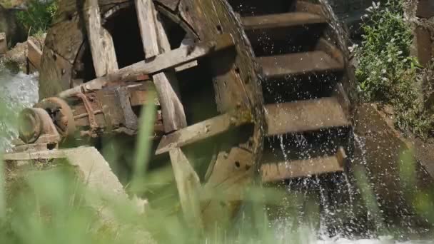 Old Traditional Mechanism Wooden Wheel Working on a Mountain Watercourse — Stock Video