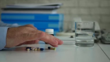 Ofis odasında adam bazı renkli tıbbi Pills seçerek büyük bir baş ağrısı acı