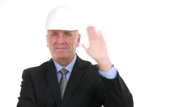 Confident Engineer Image Smile Pleased Salute and Make Hello Hand Gestures — Stock Video