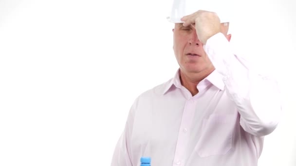 Engineer vegye ki a hardhat és Drink friss víz egy forró napon — Stock videók